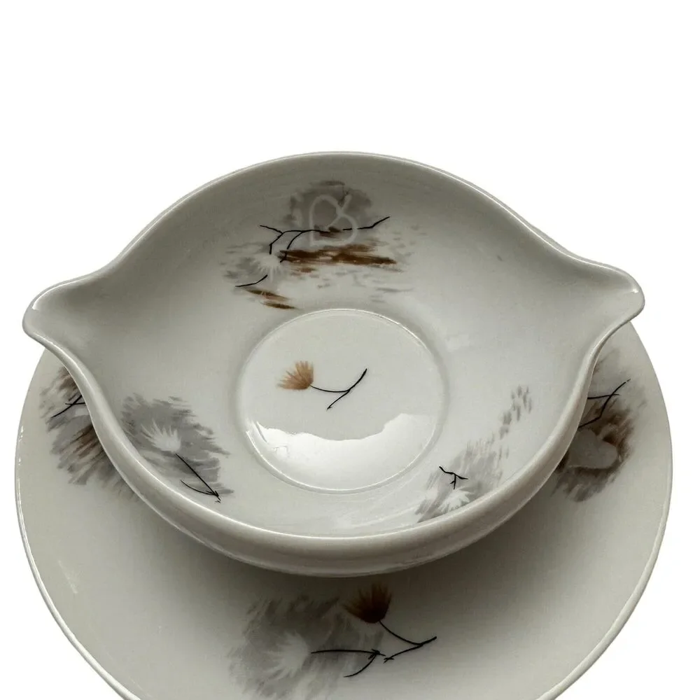 Vintage Raynaud & Co Limoges Gravy Boat with Attached Plate Pattern Windblown